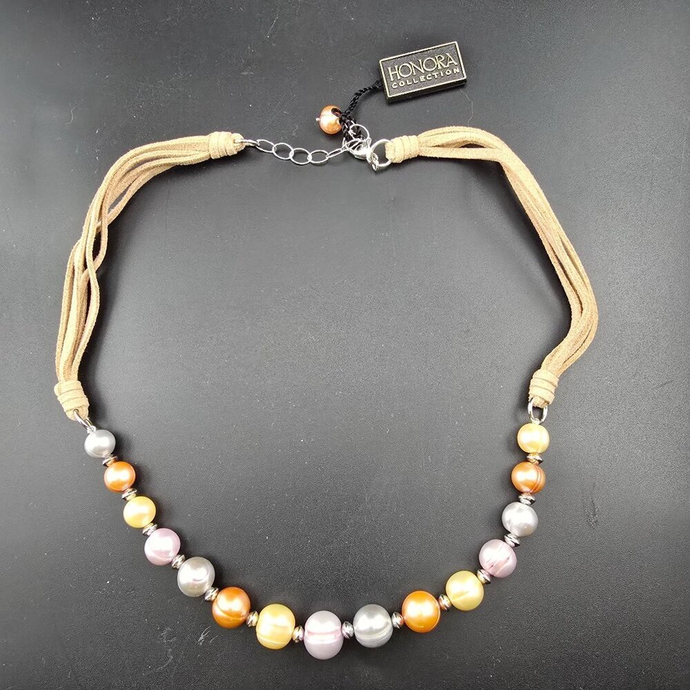 NWT Honora Multi-Color Cultured Pearl Necklace Tan Cord Adjustable Box & Bag - Picture 4 of 10